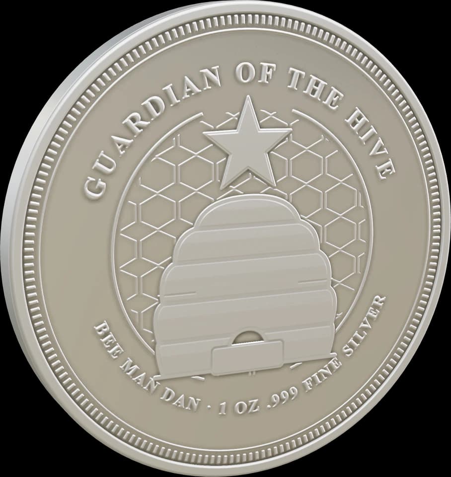 Guardian of the Hive silver coin, obverse: a skep hive under a star on a honeycomb field