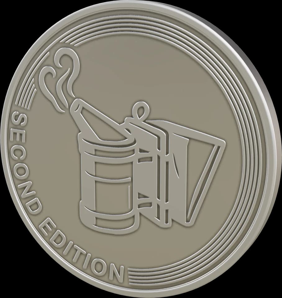 Guardian of the Hive silver coin, reverse: a beekeeper's smoker, with “Second Edition” around the edge